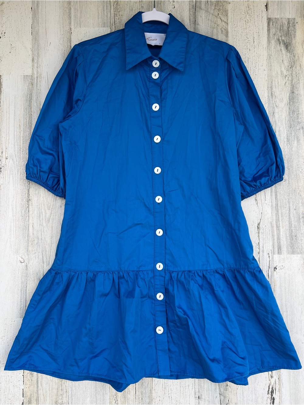 Kasia Mini Dress Small Blue Button‎ Front Balloon Sleeve Tiered Dress